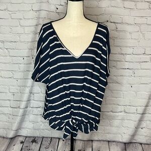 FORGOTTEN GRACE Navy Blue Striped Short Sleeve Front Tie Top 3X
